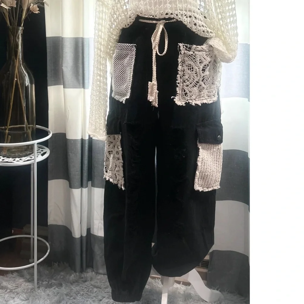 🆕 POL Crochet Patchwork Black Distressed Jogger Pants w/Lace and Knit Accents